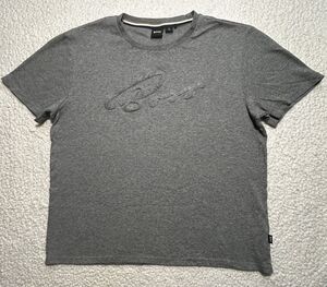 BOSS Hugo Boss Shirt Mens L Grey Cursive Chenille Raised Logo Tee Peru